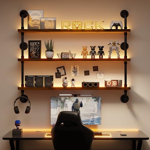 LED Gaming Floating Shelves for Wall Industrial Pipe Shelving