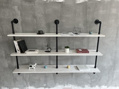 Industrial Pipe Shelving Rustic White Pipe Wall Shelves Industrial Shelves with Wood Planks Floating Shelves 60 Inch Farmhouse Bathroom (3 Count)