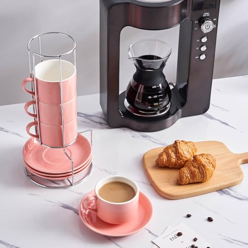8 Ounce Stackable Cappuccino Cups with Saucers and Metal Stand (4 Count)