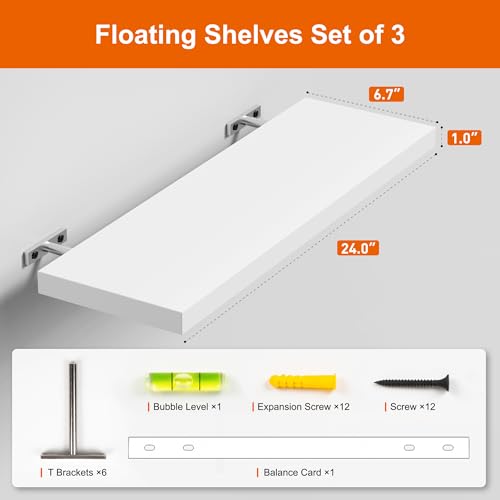 3 Pack 24" White Modern Wooden Floating Shelves (3 Count)