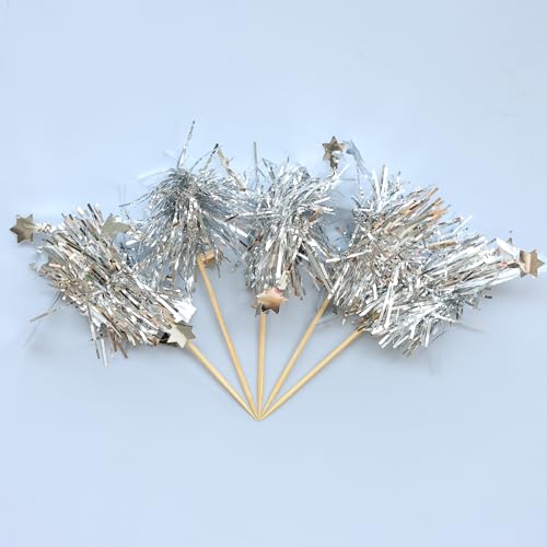 30Pcs Foil Firework Cupcake Toppers Sparkle Tinsel Star Cake Toppers Tinsel Drink Cake Decoration Cocktail Picks for Birthday Wedding Graduation Party Supplies Silver (30 Count)