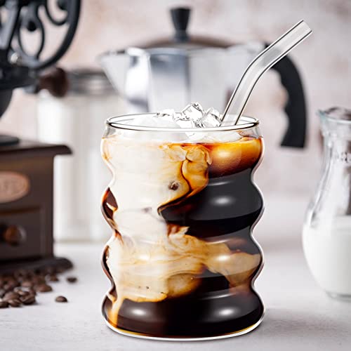 4 Pcs Creative Glass Cups Vintage Drinking Glasses Ribbed Glassware Aesthetic Cup Entertainment Dinnerware Glassware with Straws Set for Kitchen Coffee Beverage