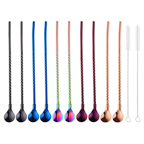 10 pcs Metal Straw Spoons with 2 Cleaning Brushes