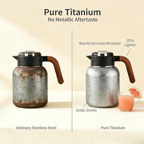 51oz (1500ml) Titanium Teapot with Infuser & Lid,Accurate temperature measurement, Ice-Flake Pattern Large capacity coffee kettle, Wooden Handle water bottle,Gift Box Set(blue)