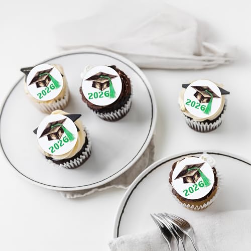 48Pcs Edible 2026 Graduation Theme Cupcake Toppers Wafer Paper Graduation Hat Graduate Cupcake Picks 2026 Students Grad Theme Party Cake Decorations Supplies Green (48 Count)