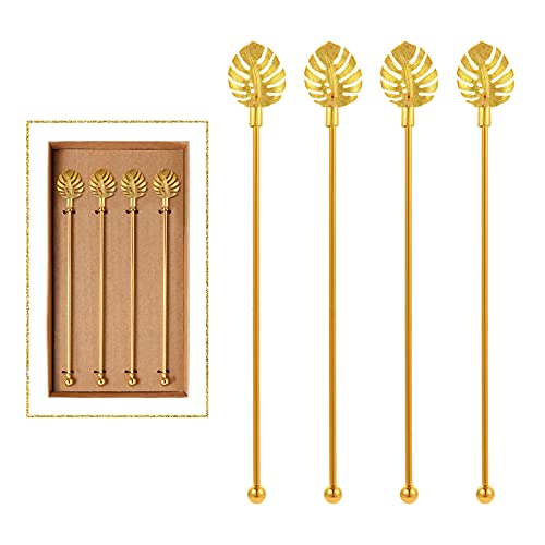 Stainless Steel Coffee Beverage Stirrers Stir Cocktail Drink Swizzle Stick with Palm leaf Metal Top