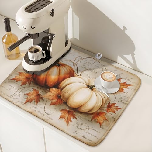 Fall Pumpkin Dish Drying Mat 18”x24”Vintage Autumn Drying Mat for Kitchen Counter Absorbent Maple Leaf Fall Thanksgiving Farmhouse Dishes Pad Drainer Mat Countertop Protector for Kitchen Fast Dry