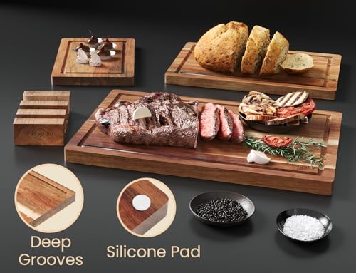 Set of 3 Acacia Wood Kitchen Cutting Boards with Holder (3 Count)