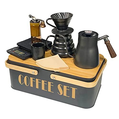 Pour Over Coffee Maker Set Coffee Kettle Scale Ceramic Server Ceramic Dripping Cup Bean Grinder Filter Paper Ceramic Cup ALL in 1 Portable Metal Box for Traveling (5 Count)