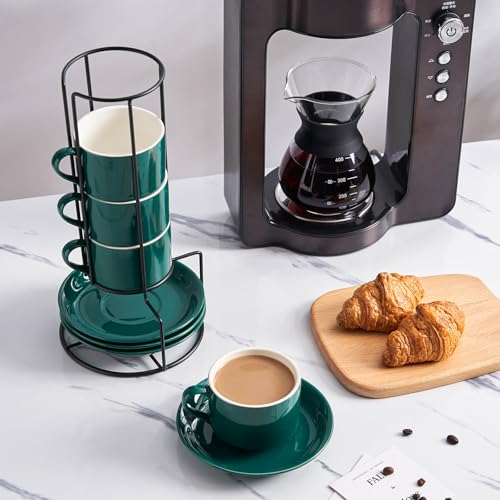 8 Ounce Porcelain Stackable Cappuccino Cups and Saucers Set of 4 (4 Count)