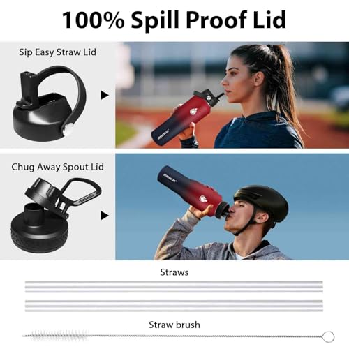 32oz Water Bottle Wide Mouth Stainless Steel Vacuum Insulated Double Wall with 2 Straw Lids Fit in Any Car Cup Holder