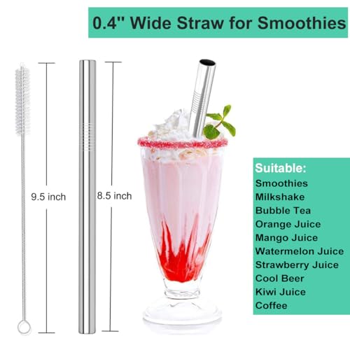 4 Pack 0.4" Wide Bore Reusable Stainless Steel Metal Smoothie Straws (4 Count)