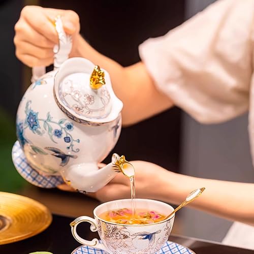 Blue Floral Porcelain Tea Set with 6 Cups and Saucers