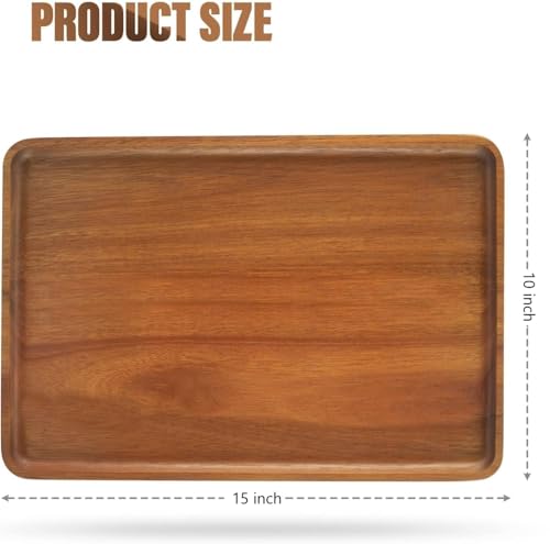 2pcs 15"x10" Solid Acacia Wood Serving Trays Rectangular Wooden Serving Platters Natural Wooden Boards for Bar Coffee Party（Brown） (2 Count)