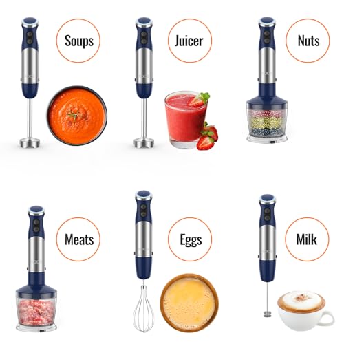 5-in-1 Hand Immersion Blender, 12 Speed Adjustable Emulsifier Handheld Blender, 1000W Copper Motor Stainless Steel Blade Hand Mixer with attachments, Blue