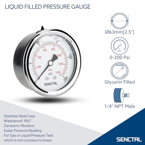 0 200 Psi Liquid Filled Pressure Gauge