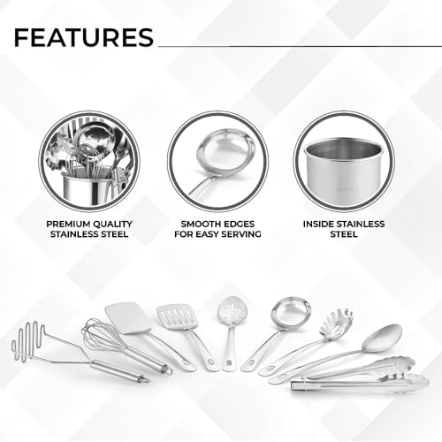 Premium Set of 10 Stainless Steel Kitchen Tool Set with Holder Easy To Clean (10 Count)