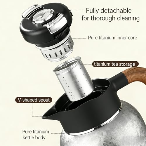 51oz (1500ml) Titanium Teapot with Infuser & Lid,Accurate temperature measurement, Ice-Flake Pattern Large capacity coffee kettle, Wooden Handle water bottle,Gift Box Set(blue)