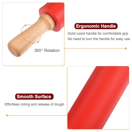 Silicone Rolling Pins for Baking 15 Inch Wooden Handle Non Stick Rolling Pin Small Roller Playdough Rolling Pins for Dough Pizza Pastry Fondant Kitchen