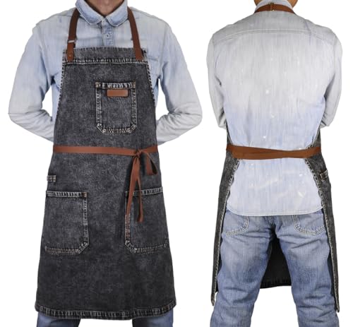 Black Denim Grill Apron with Pockets & Towel Loop for Men Women