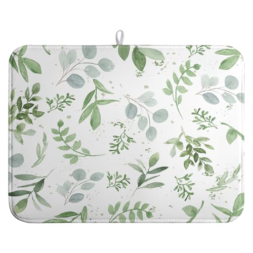 Summer Sage Green Leaves Dish Drying Mat Spring Eucalyptus Leaf Kitchen Dish Drying Pad Absorbent Dish Dryer Mat for Kitchen Countertops Microfiber Dishes Drainer Pad Dish Drying Rack Mat