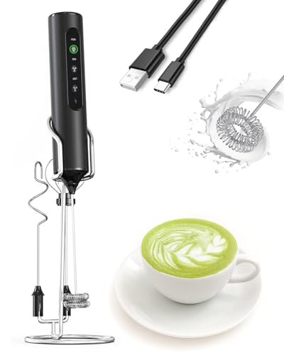 3-in-1 Electric Milk Frother with Stand, Rechargeable LED Display & 3 Speeds - Portable Whisk for Coffee, Protein Shakes, Baking - Makes Latte, Cappuccino, Matcha Foam -Blk (Rechargeable with stand)