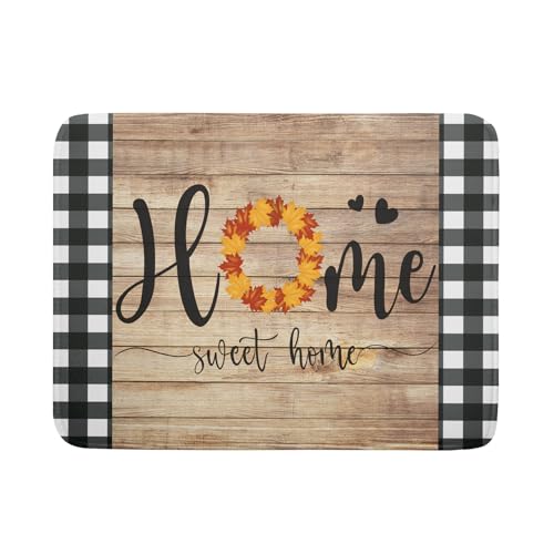 Home Sweet Home Dish Drying Mat 18x24 Inch Fall Autumn Maple Leaf Wreath Dish Drainer Mats Rustic Brown Wood Board Microfiber Dish Drying Rack Pad for Kitchen Countertop Farmhouse Decor