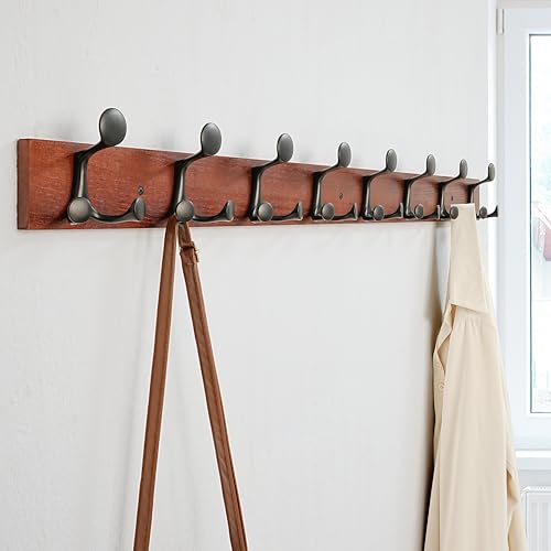 43 Inch Cherry Wood Coat Rack Wall Mount with 8 Triple Hooks
