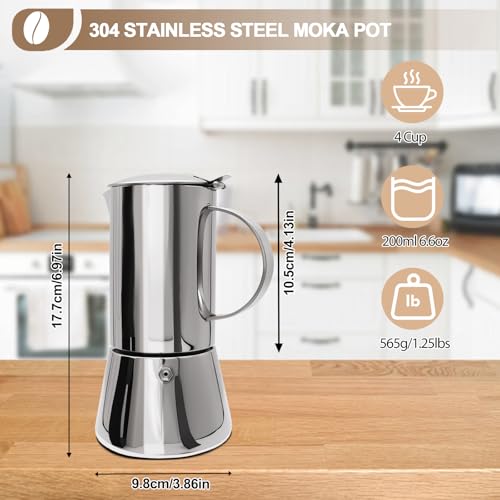 304 Thickened Stainless Steel Uncoated 4 Cup Moka Pot 200ml 6.6oz