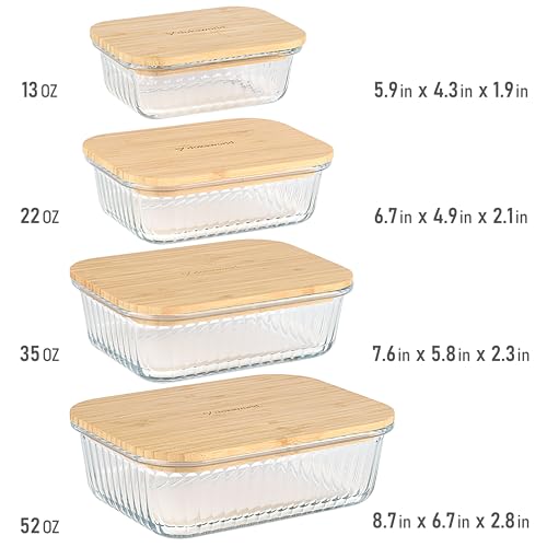 Ribbed Glass 4 Stackable Meal Prep Containers with Bamboo Lids