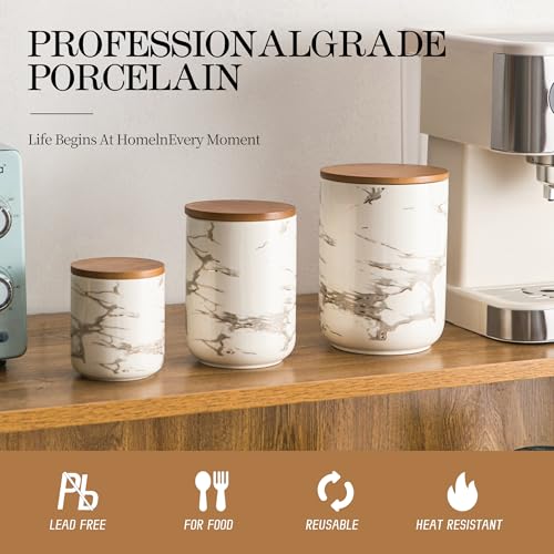White Marble Ceramic Canister with Bamboo Lid (3 Count)