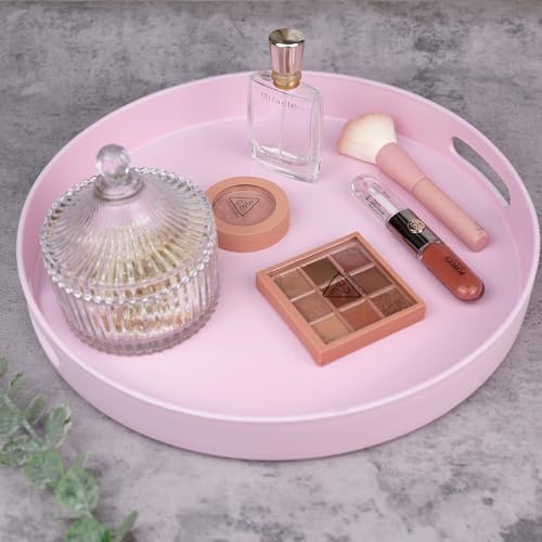 Round Pink Decorative Serving Tray with Handles