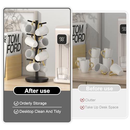 Coffee Mug Holder Tree Upgraded 360Rotated Cup Holder for Counter Black Wood Cup Tree Mug Rack Organizer Stand with 8 Hooks for Kitchen Coffee Bar Accessories