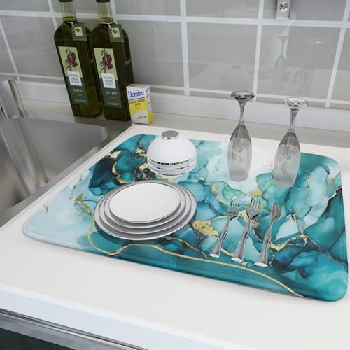 Teal Marble Dish Drying Mat Turquoise Blue Marbling Print Dish Drainer Mats 18"x24" Modern Granite Microfiber Reversible Dish Drying Rack Pad Protector for Kitchen Countertop Decor