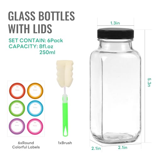 8 oz Glass Juice Bottles with Lids 6 Pack (6 Count)