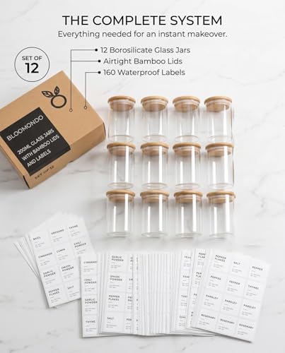 Glass Spice Jars with Label Pack (12 Count)