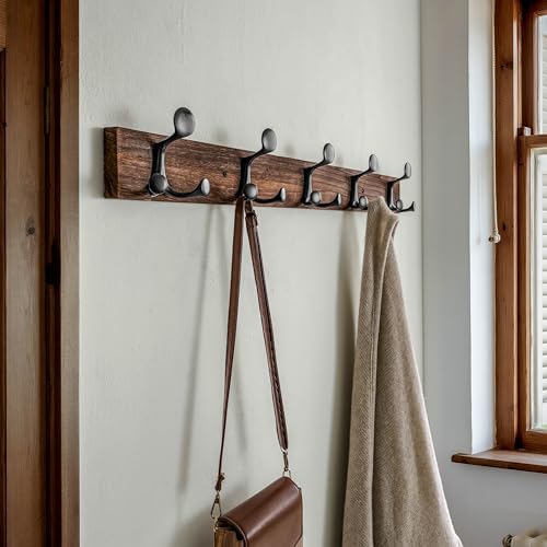 30 Inch Wood Burnt Coat Rack Wall Mount with 5 Triple Hooks