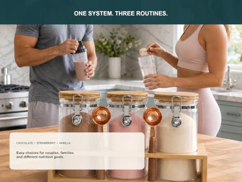 Glass Protein Powder Jars Set with Spoons & Rack (3 Count)