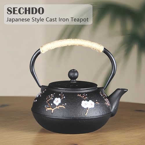 Cast Iron Teapot SECHUDO Teapot for Stovetop Safe Coated with Enameled Interior