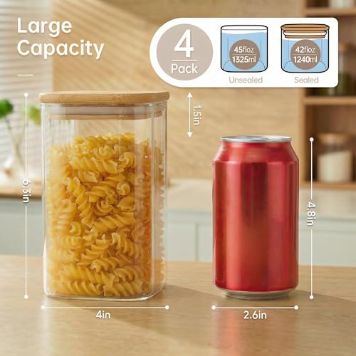 42 oz Square Glass Food Storage Containers with Airtight Bamboo Lids (4 Count)