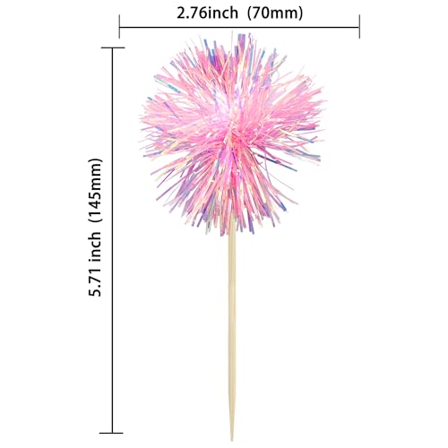 30Pcs Foil Firework Cupcake Toppers Sparkle Tinsel Cake Toppers Tinsel Drink Cake Decoration Cocktail Picks for Birthday Wedding Graduation Party Supplies Dark Pink (30 Count)