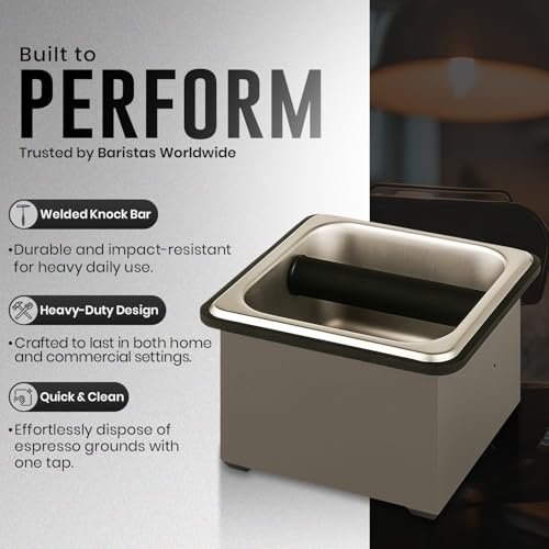 Stainless Steel Espresso Knock Box with Rubber Bar 6x5.5x4in
