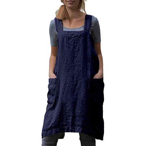 Cotton Linen Apron Cross Back Apron for Women with Pockets Pinafore Dress for Baking Cooking