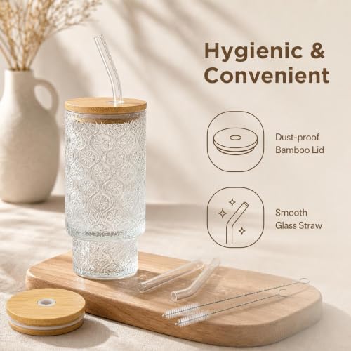 Glass Cups with Lids and Straws 16 oz Begonia Drinking Glasses Set (4 Count)