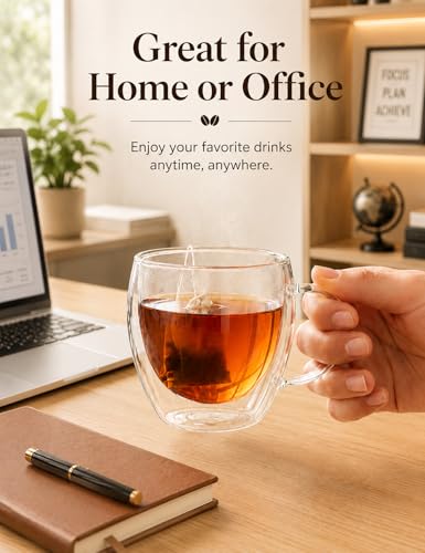 8.5oz Double Walled Glass Coffee Mugs with Handles (4 Count)