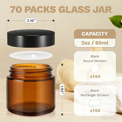 70 Pack 2 oz Amber Glass Jars with Lids (70 Count)