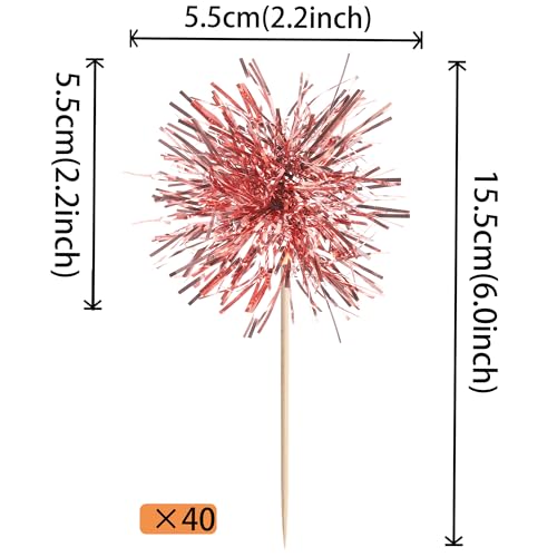 40 PCS Foil Firework Cupcake Toppers Rose Gold Sparkler Cupcake Picks Sparkle Tinsel Fireworks Decorations Cocktail Fruit Toothpick for Firework Theme Birthday Wedding Graduation Party Decor Supplies (40 Count)