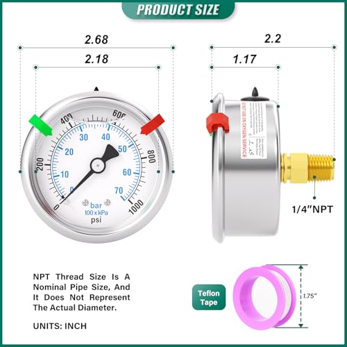 0 1000PSI Stainless Steel Liquid Filled Pressure Gauge