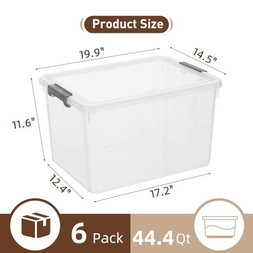 6 Packs 44.4 QT Plastic Storage Bins with Lids Large Stackable Storage Containers for Organizing Clear Storage Box for Garage (6 Count)