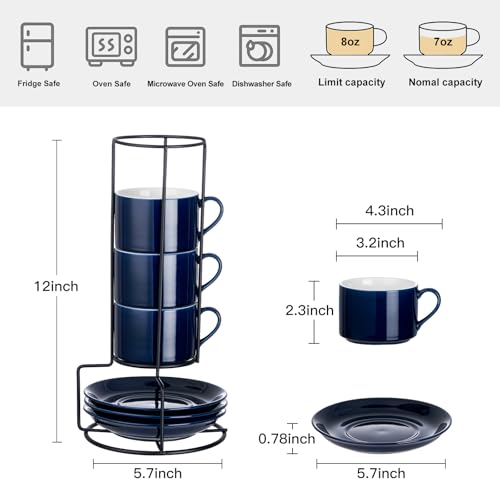 8 OZ Porcelain Stackable Cappuccino Cups and Metal Stand Set of 4 (4 Count)